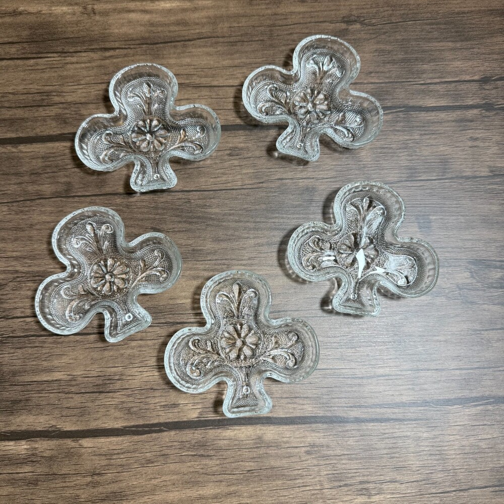 Vtg 5 Set Indiana Glass Tiara Glass Trinket Nut Dish Club Shape Card Suit 4"
